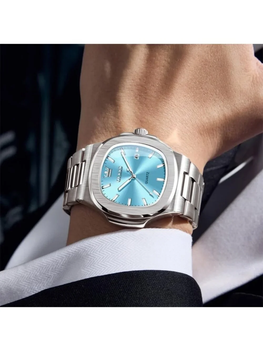 Men's Silver/Tiffany Blue Luxury Octagon Stainless Steel Waterproof Dress Watch